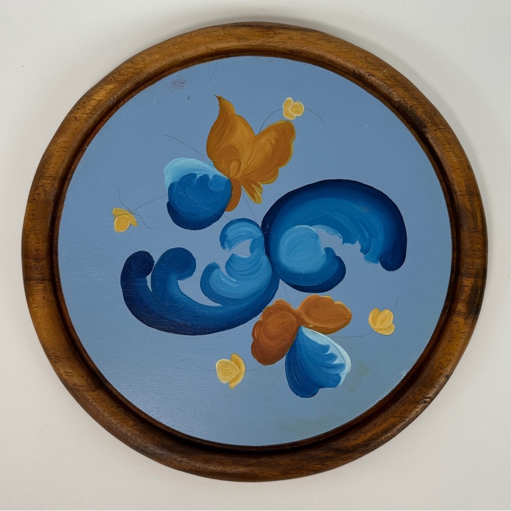 VTG Hand Painted Acacia Wood Trivet Round Decor Norwegian Scandinavian Style
